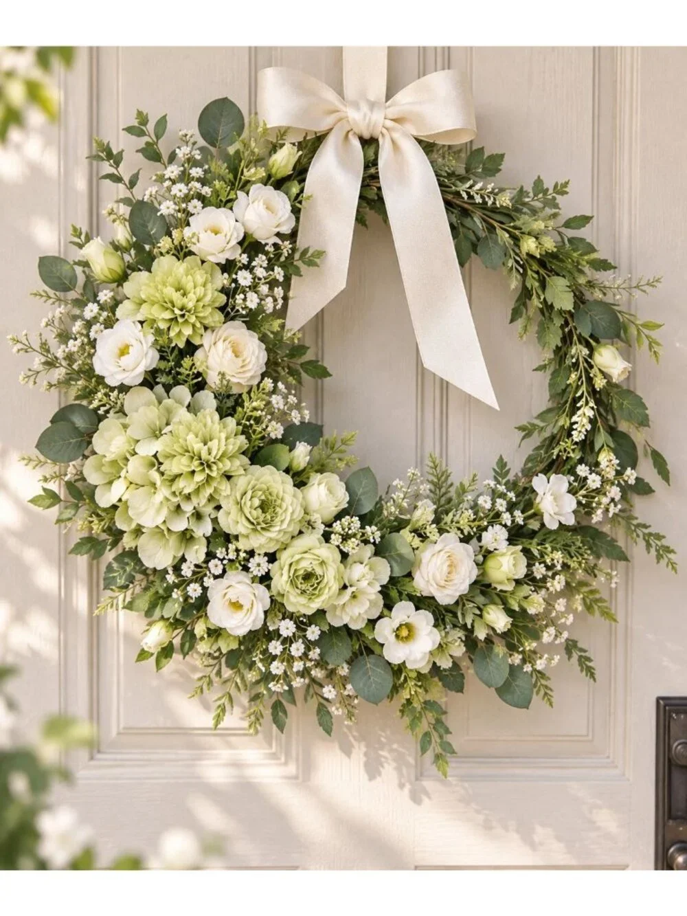 Light Green Artificial Flower Bush 7 Stem Faux Floral Bouquet Hydrangea Roses Mi